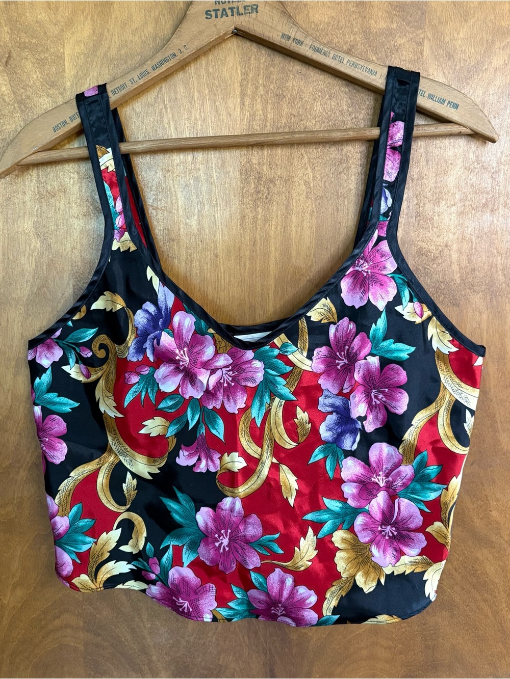 Vintage 90s Floral Satin Black Cami Top NWT Deadstock Goth Whimsigoth Fairy Y2K